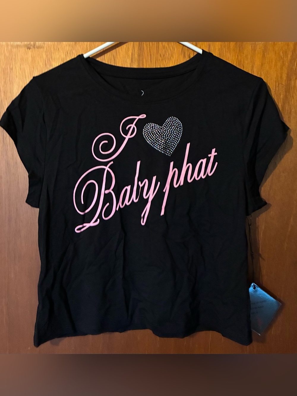Baby Phat Black Tee with Pink Script and Rhinestone Heart